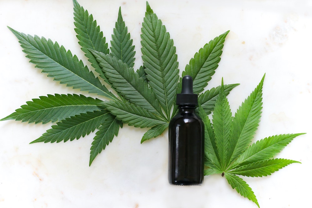 cannabis leaves with a blank tincture bottle